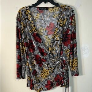 Black Label by Evan Picone Floral Wrap Blouse Black, White & Red Size Large